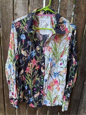 Cino Crinkle Cotton  Multicolor Floral Bird Button Down Shirt Sz L NWOT